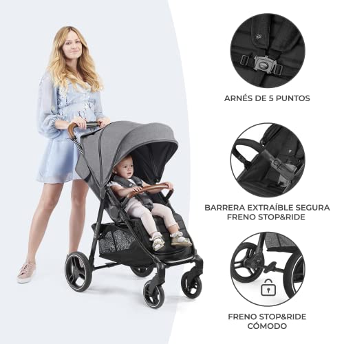 kk Kinderkraft GRANDE PLUS Silla de Paseo ligera desde Nacimiento hasta 22 kg, Plegado con una sola mano, Posición tumbada, Suspensión de todas ruedas, Capota grande XL, Grigio