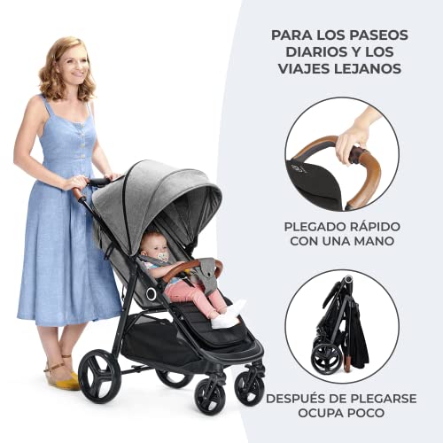 kk Kinderkraft GRANDE PLUS Silla de Paseo ligera desde Nacimiento hasta 22 kg, Plegado con una sola mano, Posición tumbada, Suspensión de todas ruedas, Capota grande XL, Grigio