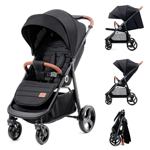 kk Kinderkraft GRANDE PLUS Silla de Paseo ligera desde Nacimiento hasta 22 kg, Plegado con una sola mano, Posición tumbada, Suspensión de todas ruedas, Capota grande XL, Grigio