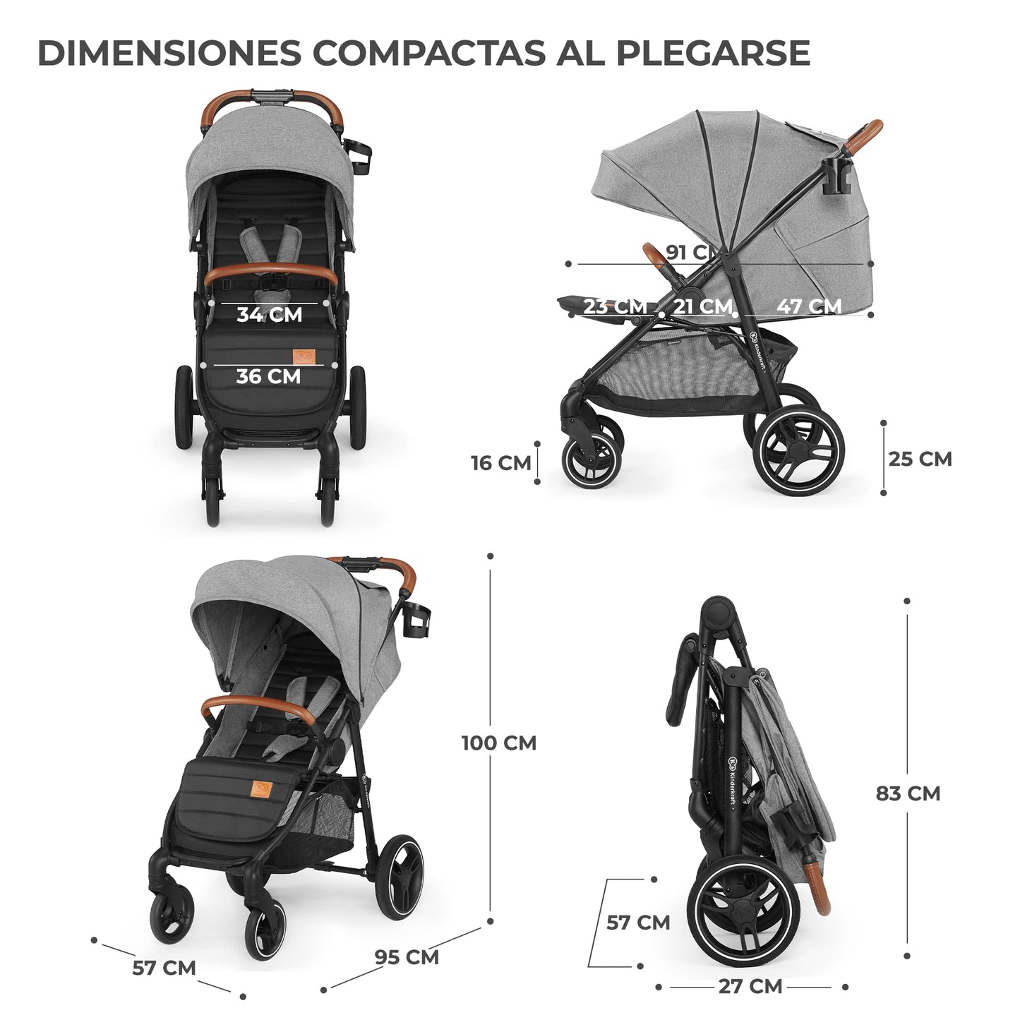 kk Kinderkraft GRANDE PLUS Silla de Paseo ligera desde Nacimiento hasta 22 kg, Plegado con una sola mano, Posición tumbada, Suspensión de todas ruedas, Capota grande XL, Grigio