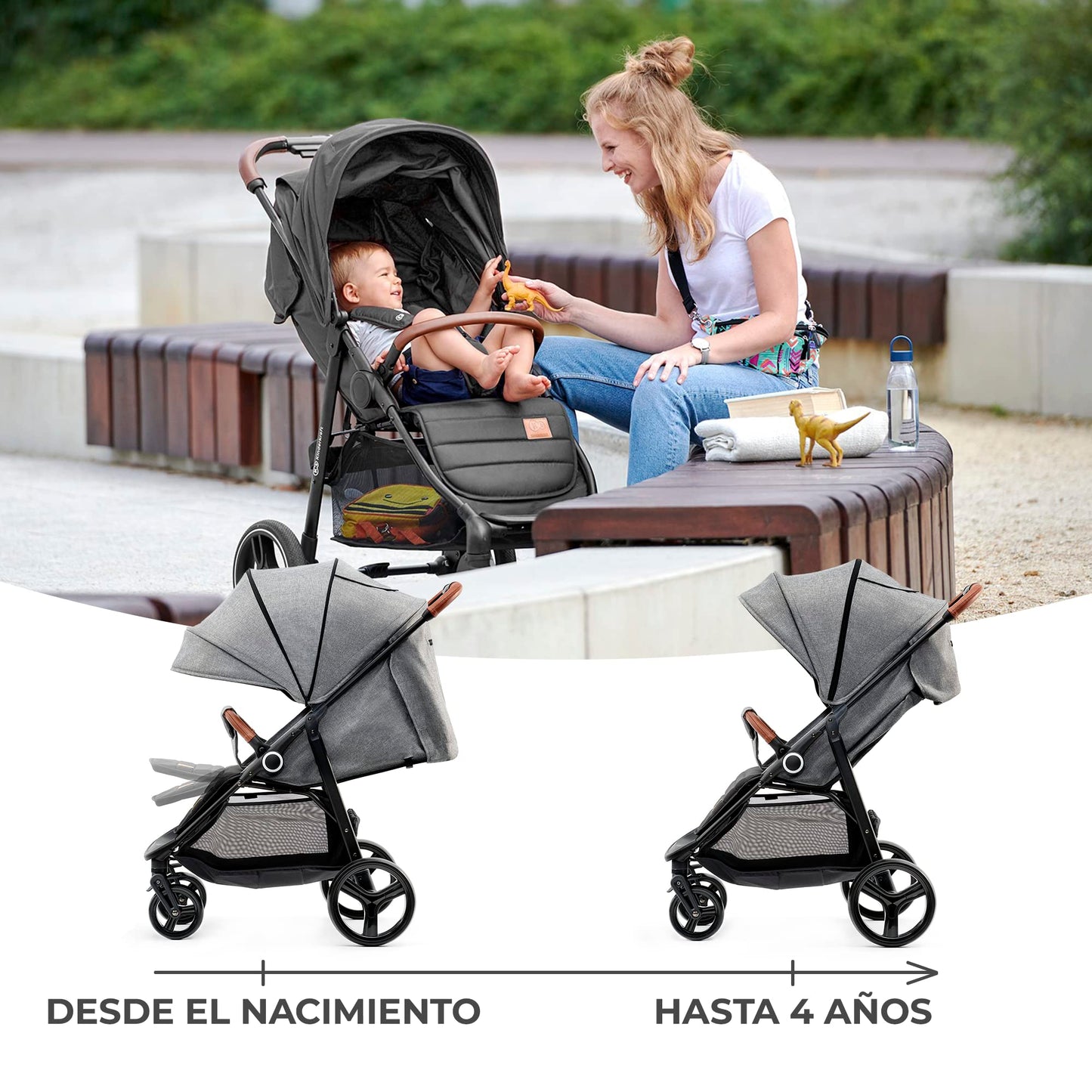 kk Kinderkraft GRANDE PLUS Silla de Paseo ligera desde Nacimiento hasta 22 kg, Plegado con una sola mano, Posición tumbada, Suspensión de todas ruedas, Capota grande XL, Grigio