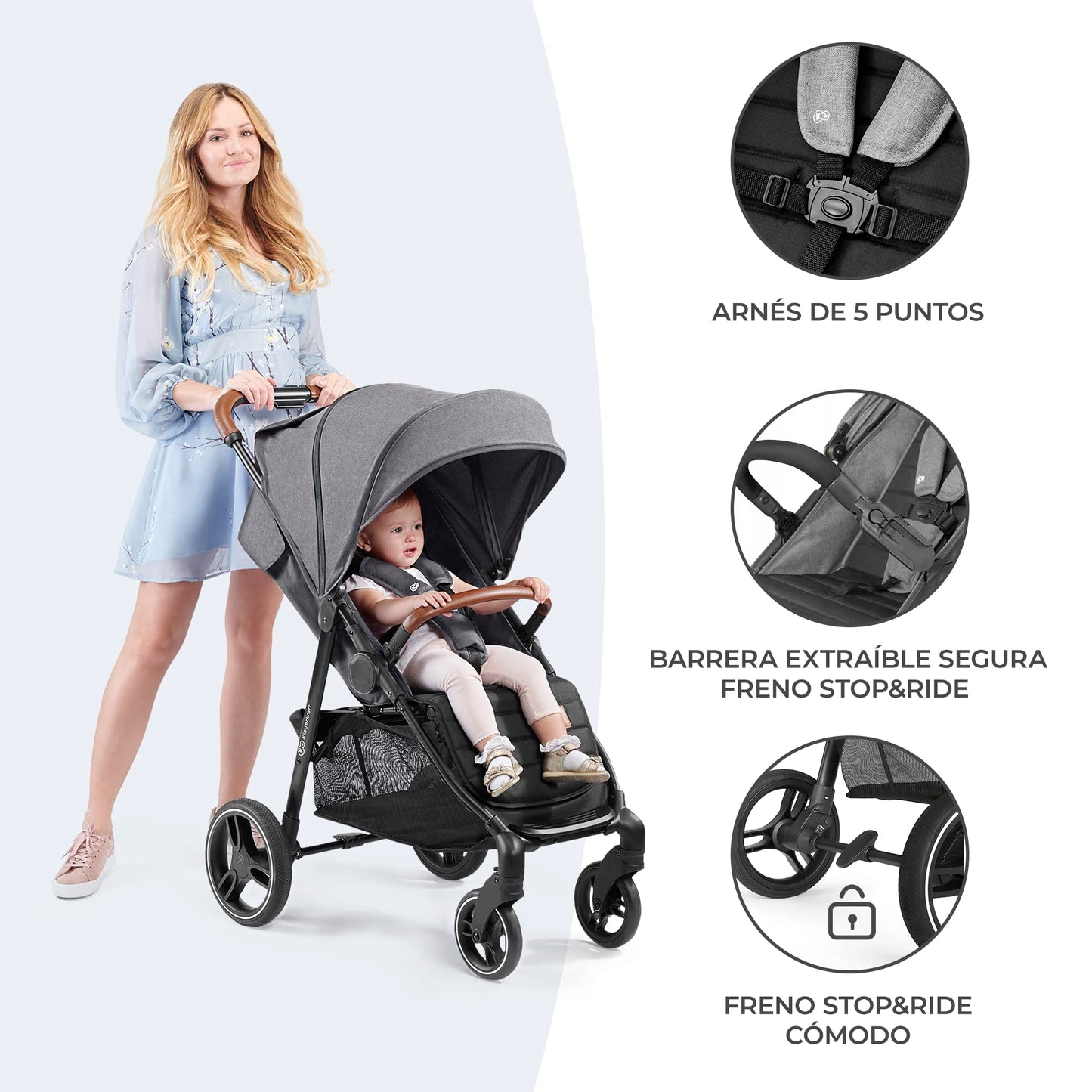 kk Kinderkraft GRANDE PLUS Silla de Paseo ligera desde Nacimiento hasta 22 kg, Plegado con una sola mano, Posición tumbada, Suspensión de todas ruedas, Capota grande XL, Grigio