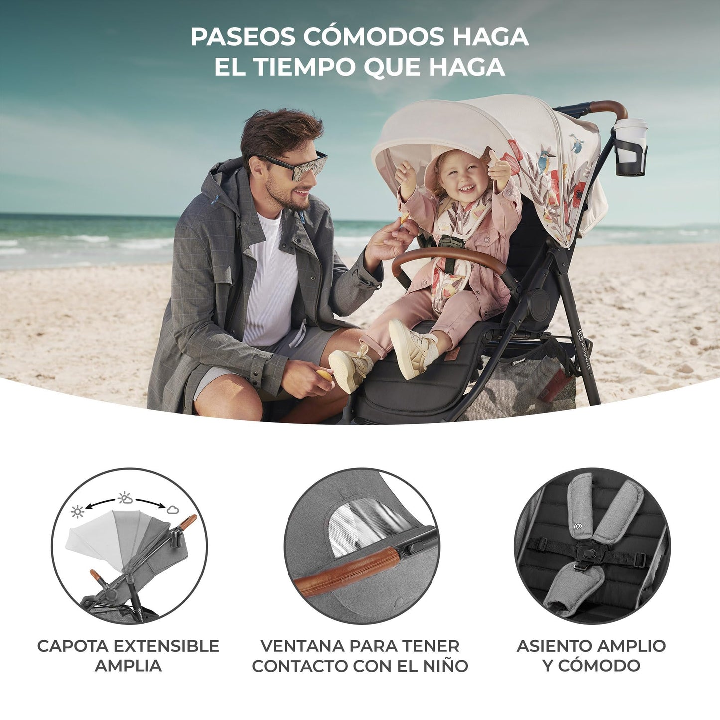 kk Kinderkraft GRANDE PLUS Silla de Paseo ligera desde Nacimiento hasta 22 kg, Plegado con una sola mano, Posición tumbada, Suspensión de todas ruedas, Capota grande XL, Grigio